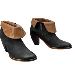 J. Shoes Saloon Bootie Leather SZ 6.5 Womens Black Brown Fold Over Cuff Boot NEW